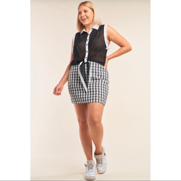 Cleo Black & White Sheer Button Down Front Knot Blouse - Picture 2 of 7